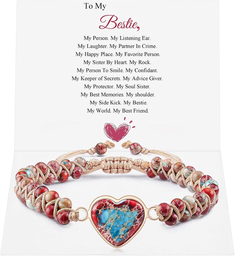 BABORI Jasper Heart Bracelet Adjustable Imperial Stone Beaded Braided Handmade Bracelet for Women Birthday Anniversary Mothers Day Christmas Graduation Jewelry Gifts for Her Mother Daughter - Image 1